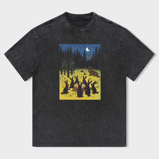 Rabbit Gathering Forest Night Scene Graphic T-Shirt