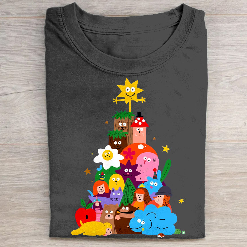 Cute Cartoon Characters Christmas Tree Graphic T-Shirt