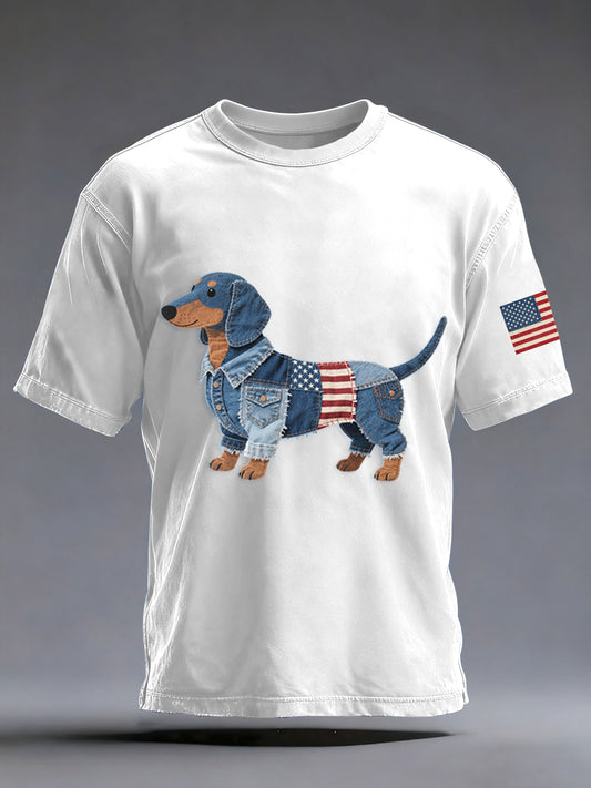 Denim Patchwork Art Dachshund Dog Pattern Washed T-Shirt For Men