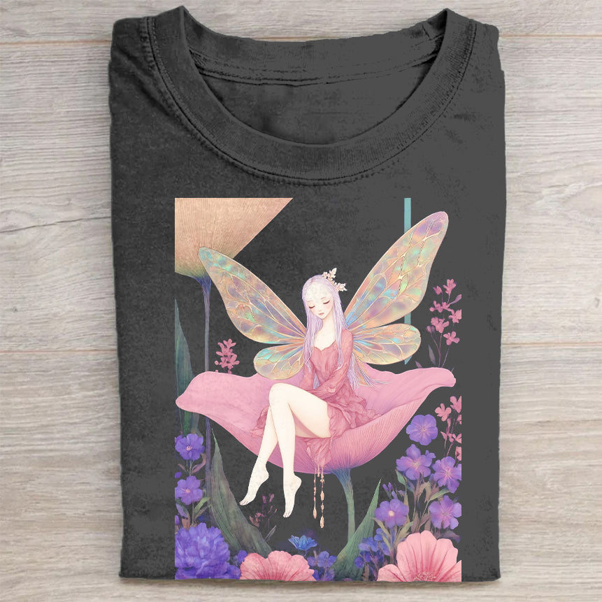 Fairy Graphic T-Shirt Fantasy Fairy with Wings and Flowers Art Print Tee