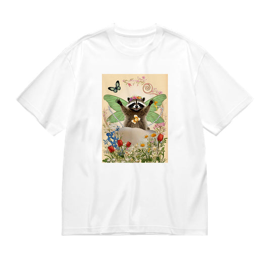 Cute Raccoon with Fairy Wings and Flowers Print T-Shirt