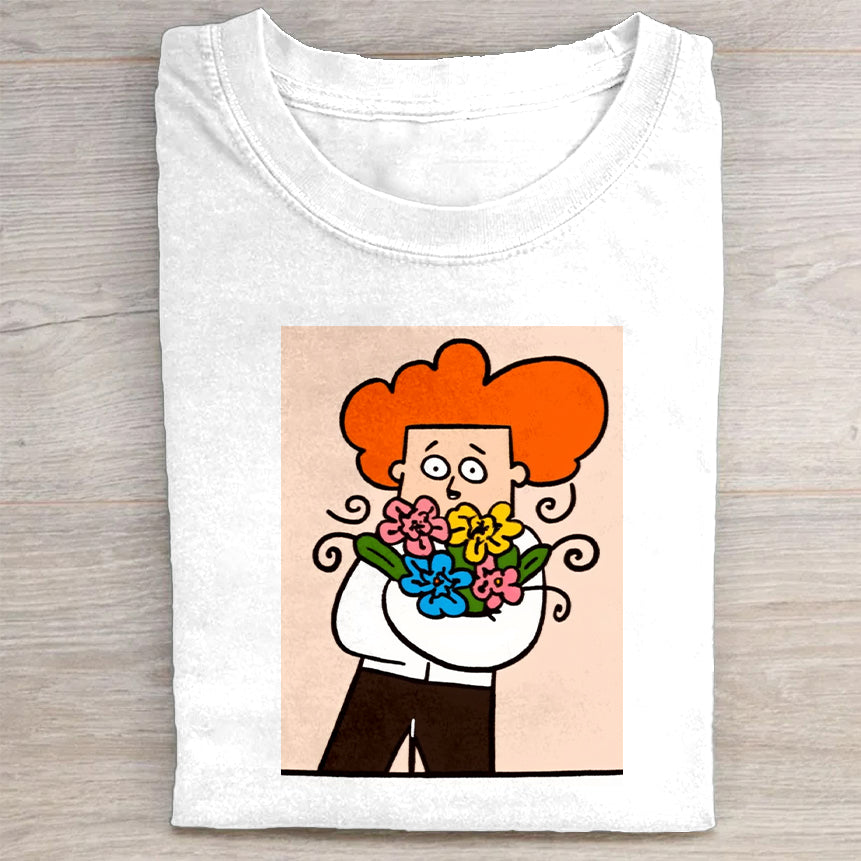 Cute Cartoon Character with Flower Bouquet Graphic T-Shirt