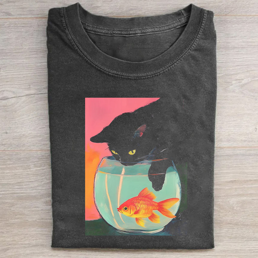 Black T-Shirt with Cat and Goldfish Bowl Graphic Design T-Shirt