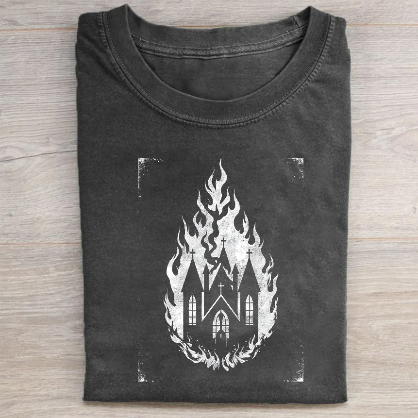 Flame Castle Graphic Tee Men's Casual Short Sleeve T-Shirt