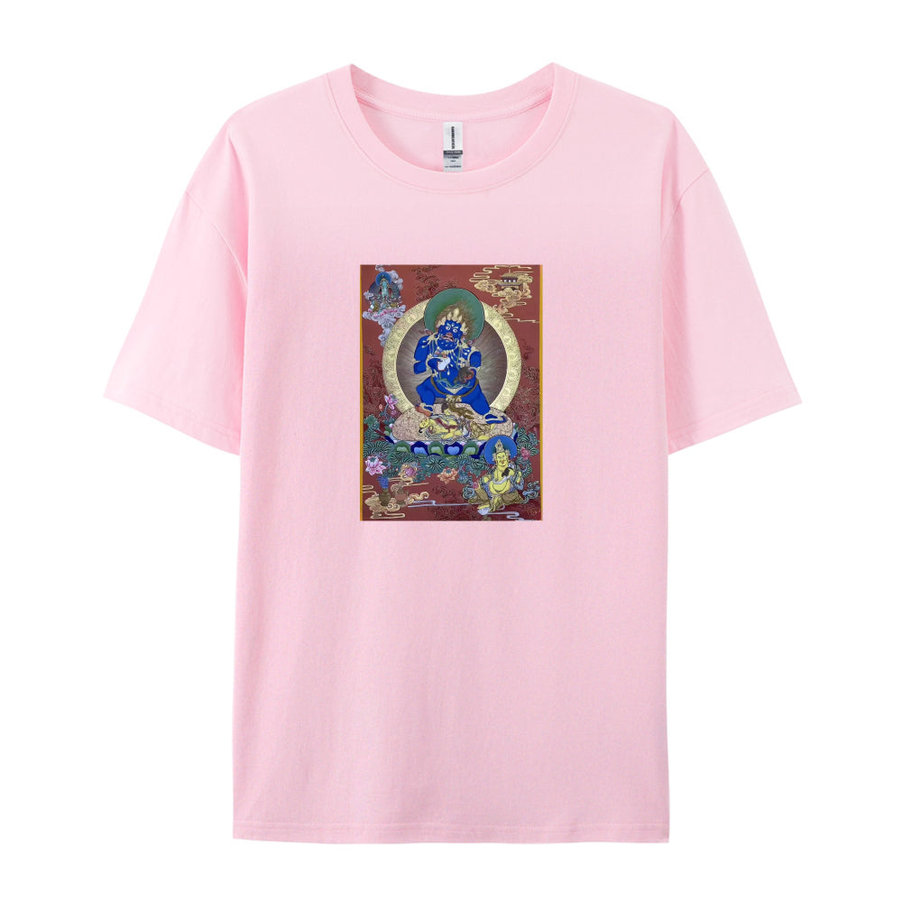 Buddhist Thangka Art T-Shirt Blue Buddha Design Spiritual Meditation Clothing Unique Tibetan Style Graphic Tee Men Women Unisex Fit Comfortable Cotton Top