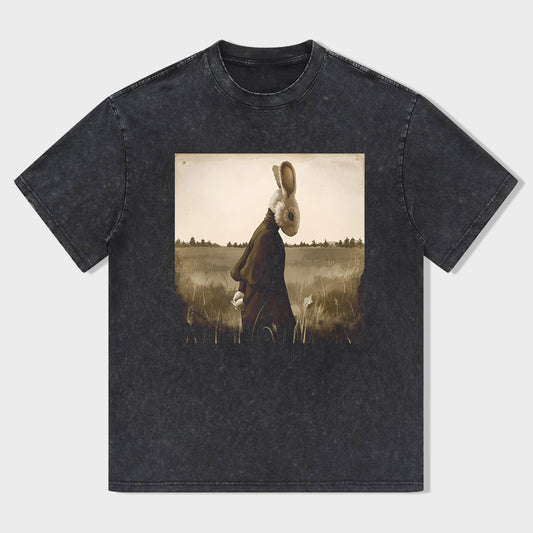 Rabbit Art Print Round Neck Short Sleeve T-Shirt