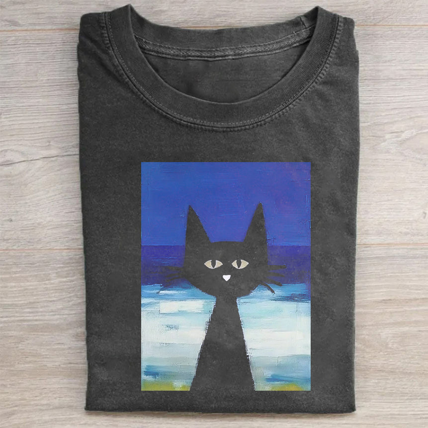 Black Cat Ocean Art Graphic T-Shirt