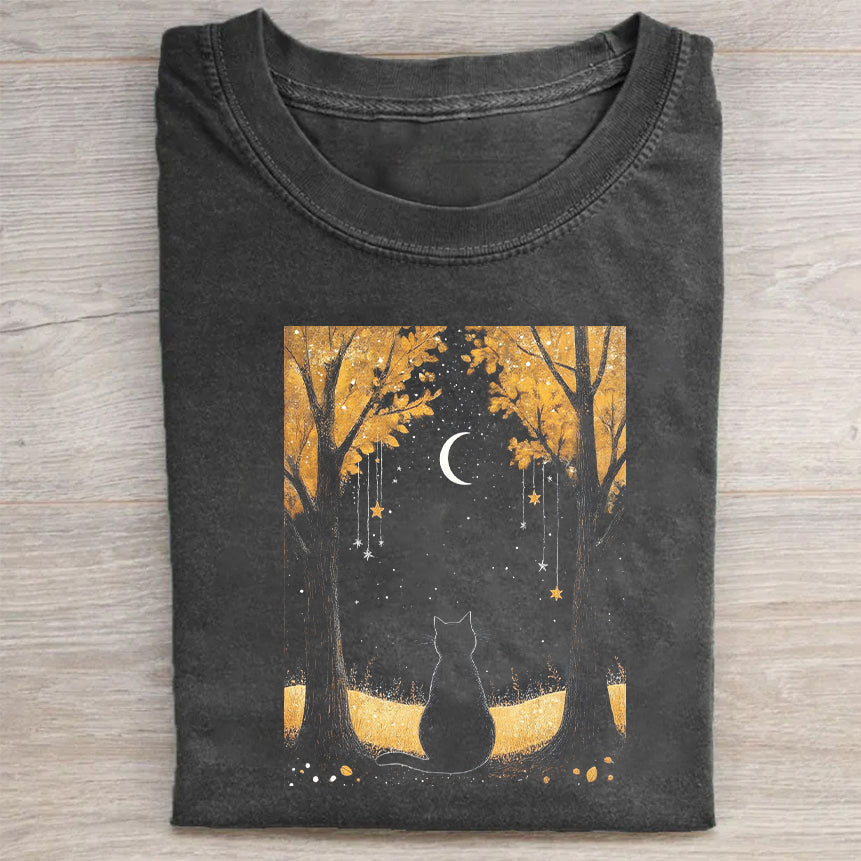 Enchanted Forest Cat Moon Night Graphic T-Shirt
