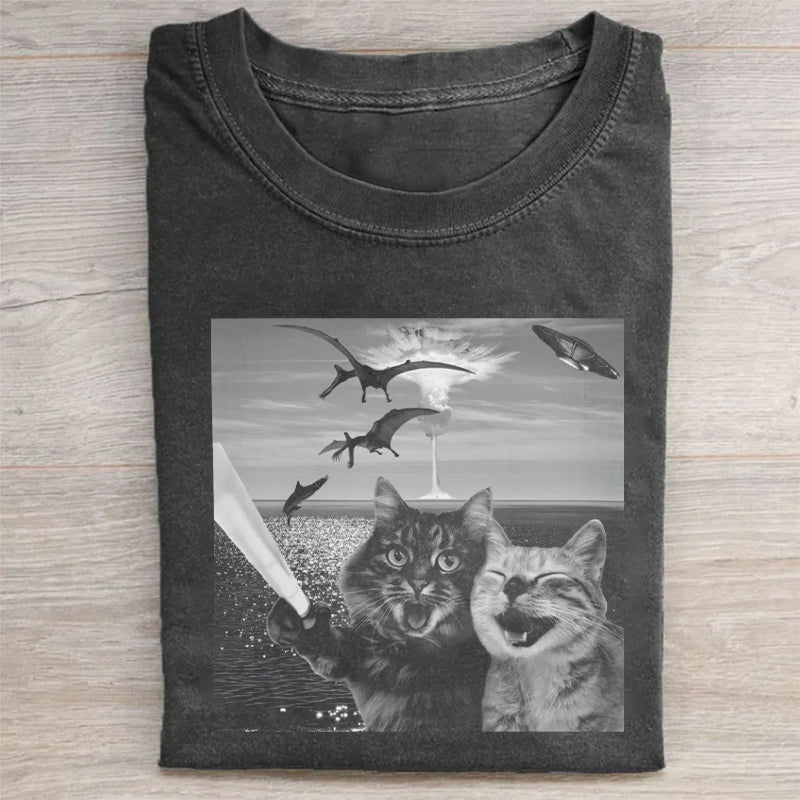 Cat Selfie With Dinosaur Funny T-Shirt