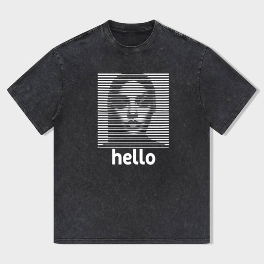 Men's Graphic T-Shirt with Striped Face Design and Hello Text Print