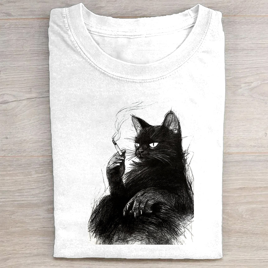 Cute Black Cat Graphic Print T-Shirt