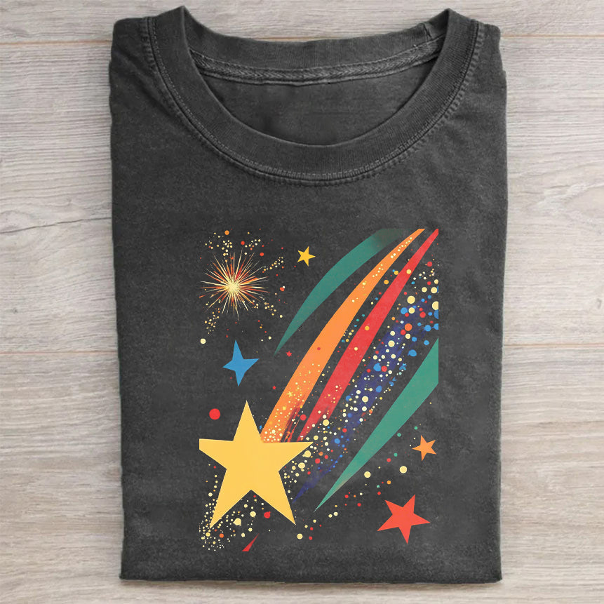 Short Sleeve Black T-Shirt with Colorful Star and Comet Print for Casual Wear