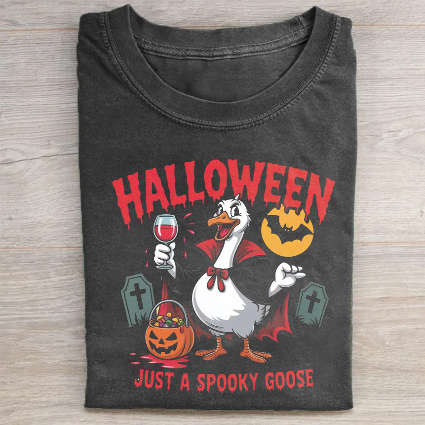 Spooky Goose with Halloween Pumpkin and Wine Glass Graphic T-Shirt