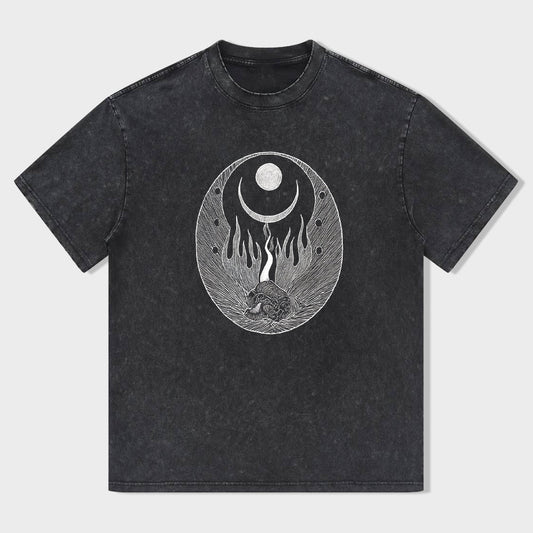Black Graphic T-Shirt with Crescent Moon and Hedgehog Design
