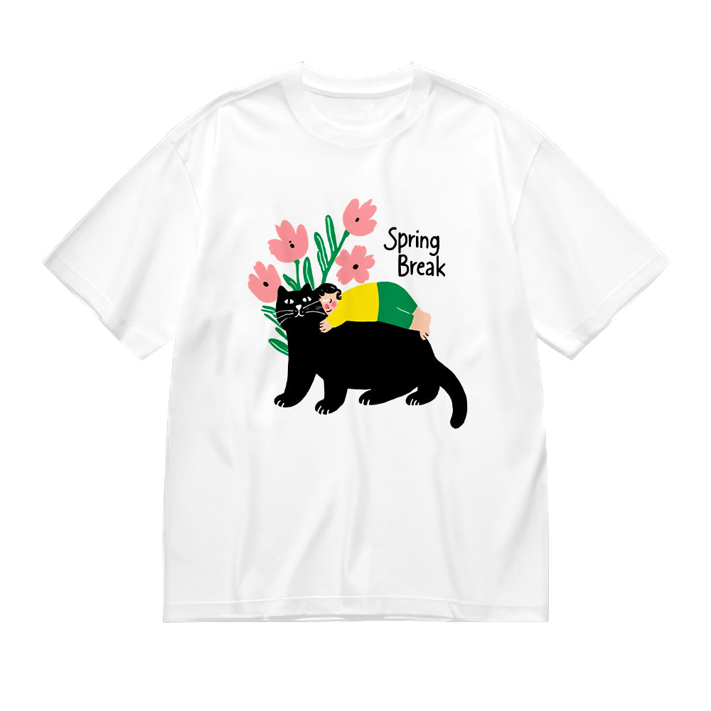 Spring Break Black Cat with Flowers Graphic T-Shirt