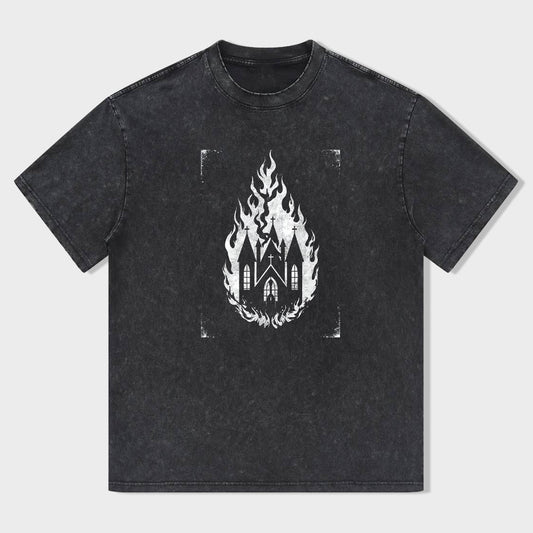 Flame Castle Graphic Tee Men's Casual Short Sleeve T-Shirt