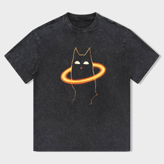 Glowing Cat Design Graphic T-Shirt for Men Women Unisex Casual Short Sleeve Tee Shirt with Unique Neon Halo Print T-Shirt