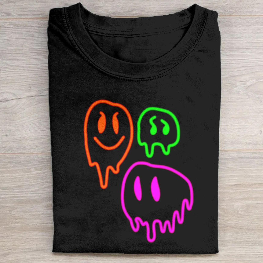 Colorful Melting Smiley Faces Black T-Shirt