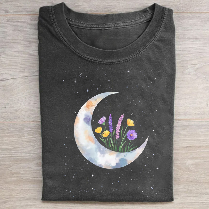 Cute Crescent Moon Floral Print Women's Casual Short Sleeve T-Shirt