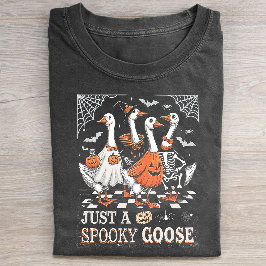 Spooky Goose with Pumpkin and Skeletons Halloween Graphic T-Shirt