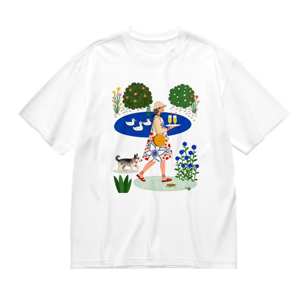 Garden Walk with Cat and Duck Pond Graphic T-Shirt