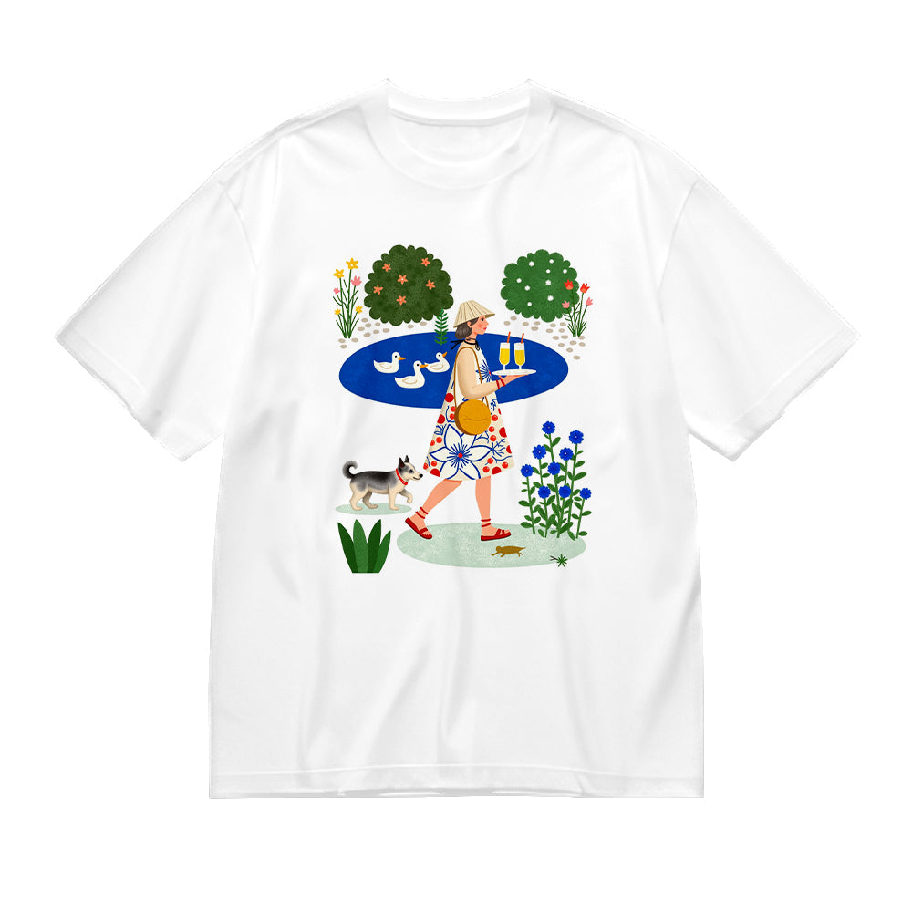 Garden Walk with Cat and Duck Pond Graphic T-Shirt