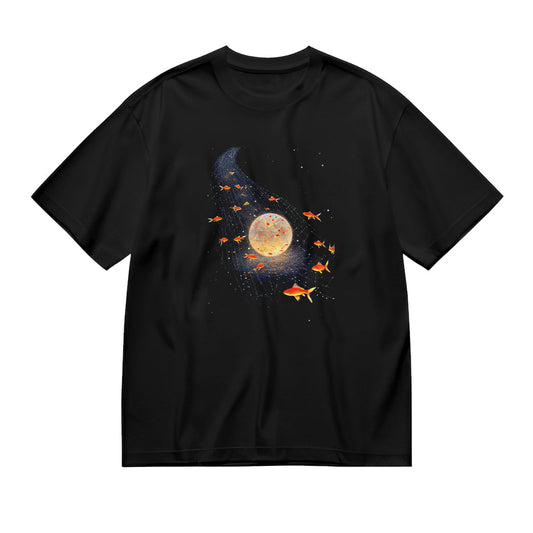 Space Goldfish Galaxy Moon Black T-Shirt