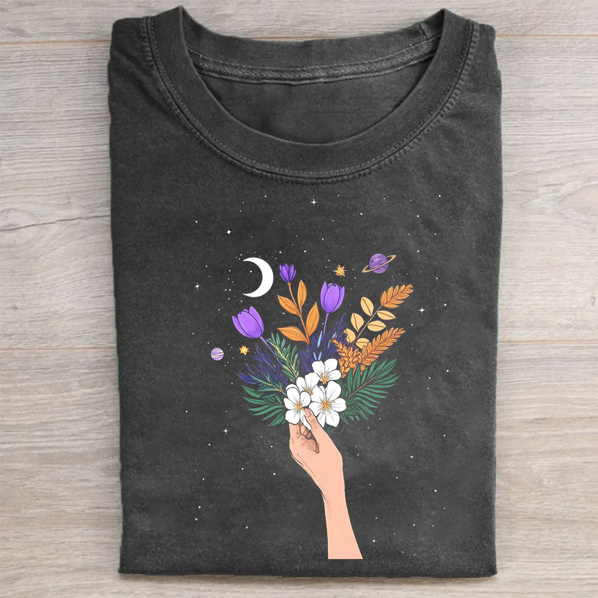 Short Sleeve Black T-Shirt with Hand Holding Floral Bouquet Print for Casual Wear