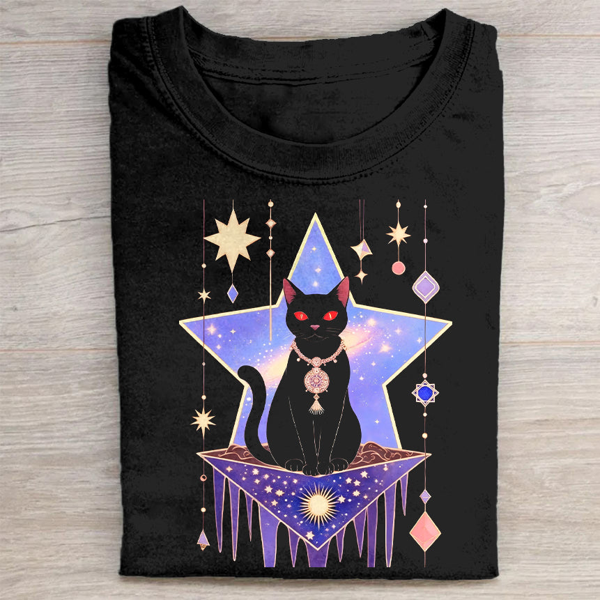 Black Cat Star Print T-Shirt