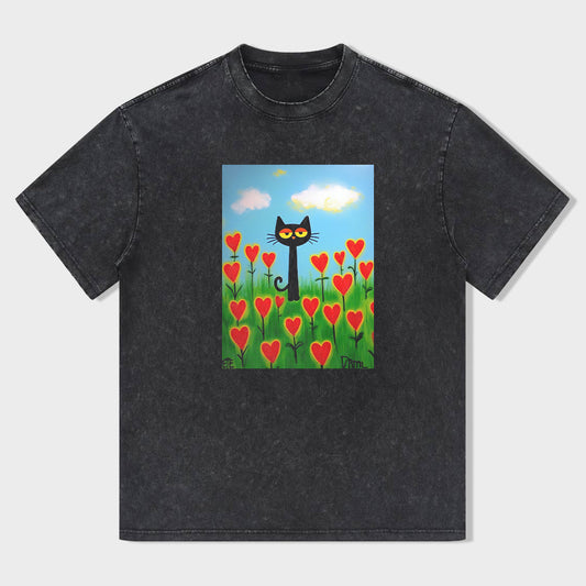 Crew Neck T-Shirt Black Cat in Heart Tulips Field Casual Wear for Daily Life