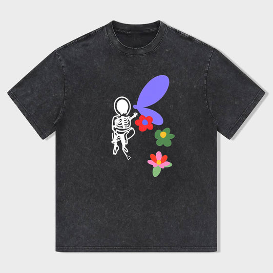 Skeleton with Butterfly Wings and Flowers Graphic T-Shirt