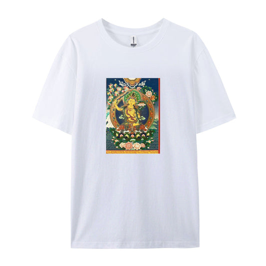 Buddhist Thangka Art T-Shirt White Cotton Tee with Traditional Tibetan Design Spiritual Meditation Clothing for Men and Women Comfortable Fit for Daily Wear Unique Cultural Gift Idea