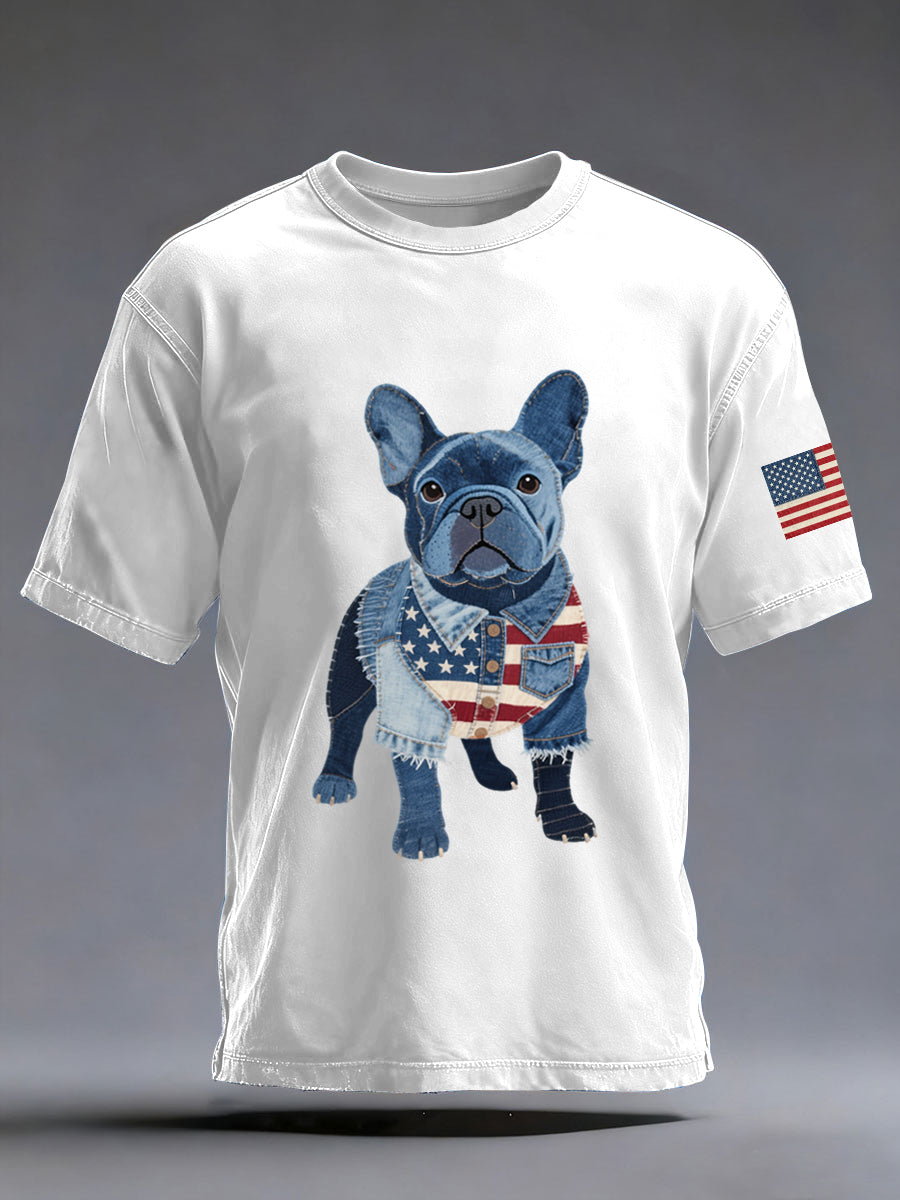 Denim Patchwork Art French Bulldog Pattern Washed T-Shirt For Men