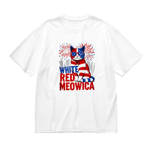 White Red Meowica Patriotic Cat Graphic T-Shirt