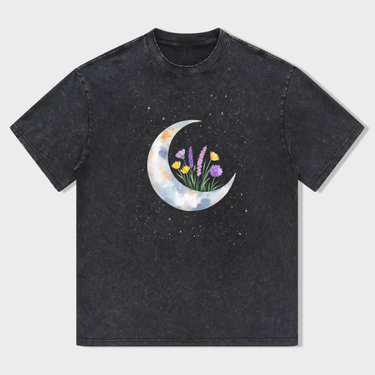 Cute Crescent Moon Floral Print Women's Casual Short Sleeve T-Shirt