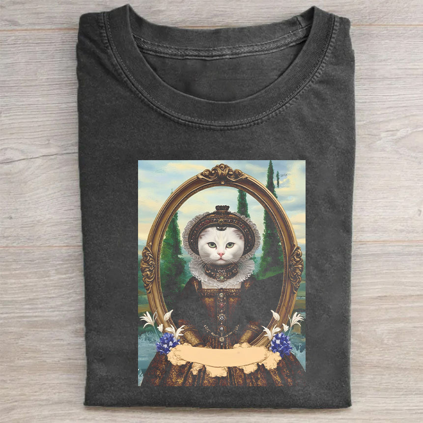 Vintage Black T-Shirt with Cat Portrait Art Print