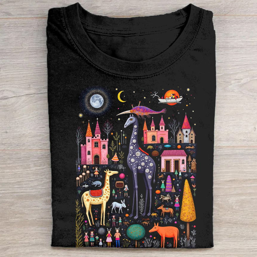 Colorful Fantasy Animal Night Scene Graphic T-Shirt