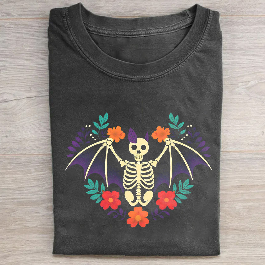 Day of the Dead Skeleton Floral Bat Wings Graphic T-Shirt