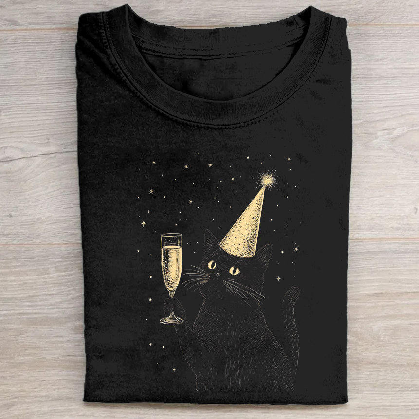 Black Cat with Party Hat and Champagne Glass Graphic T-Shirt