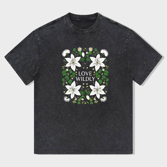 Classic T-Shirt Black Floral Love Wildly Print for Casual Wear