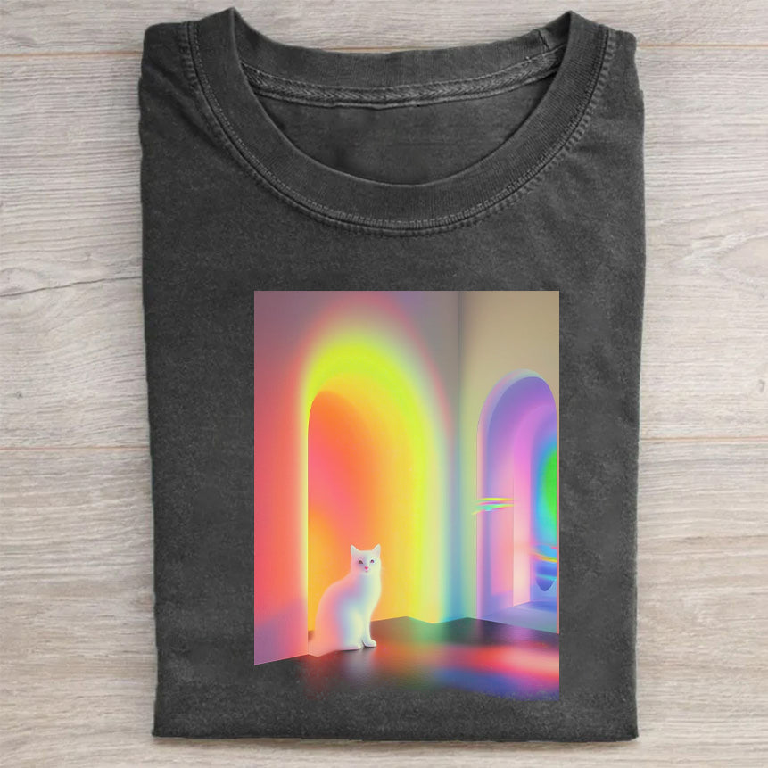 Unisex Crewneck Black T-Shirt with Rainbow Arch Cat Print for Casual Wear