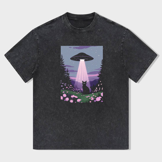 UFO Cat Forest Night Scene Graphic Tee T-Shirt