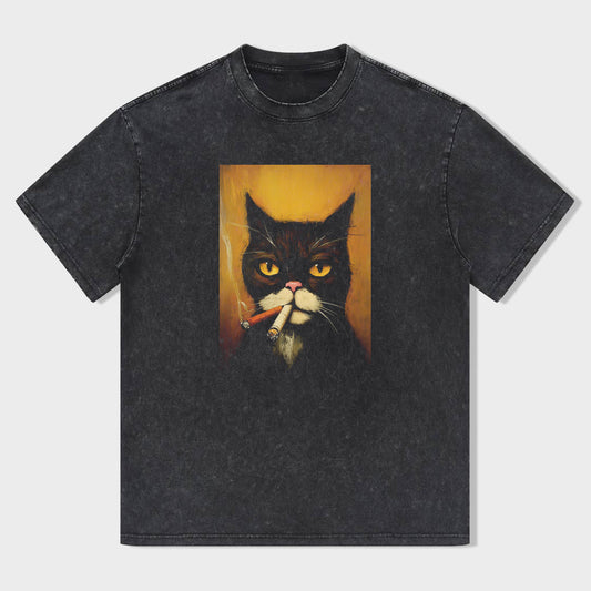 Black Cat Smoking Cigarette Graphic T-Shirt