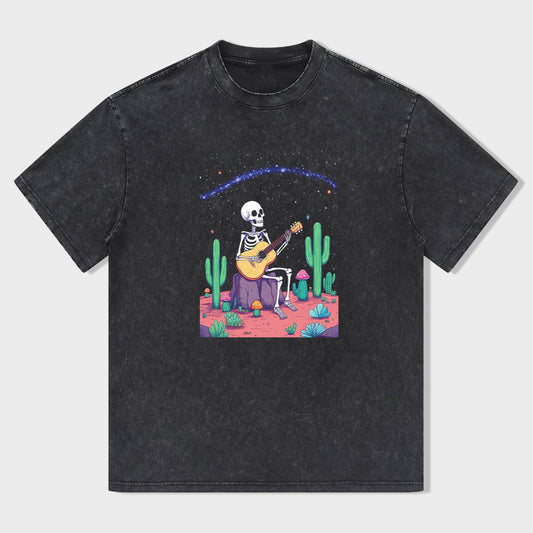 Skull Playing Guitar Cactus Desert Night Scene Graphic T-Shirt