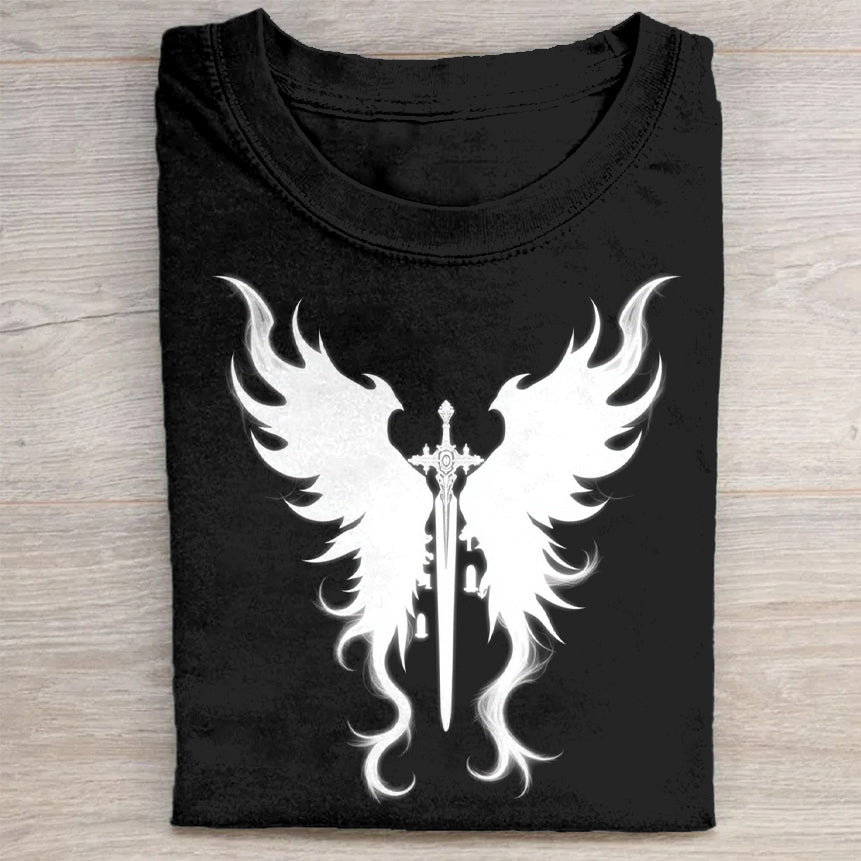 Black T-Shirt with Winged Sword Graphic Design
