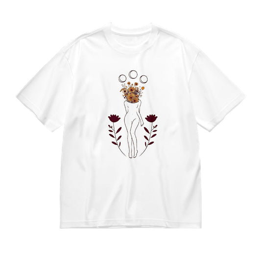 Women's Crew Neck White T-Shirt with Floral Lioness Design for Casual Wear