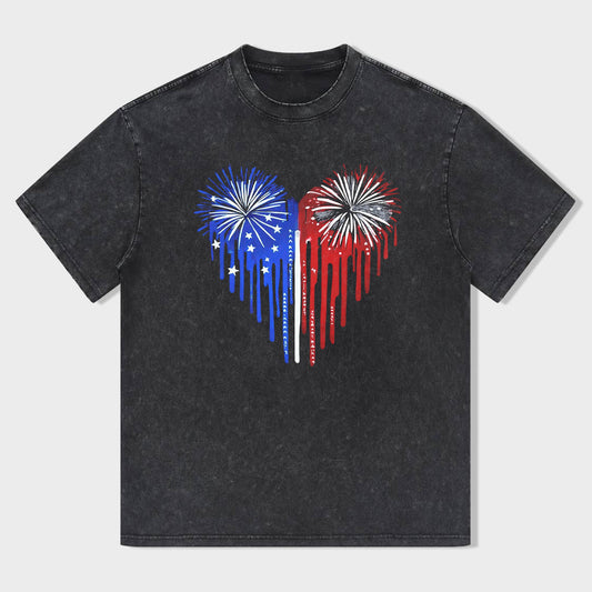 American Flag Heart Fireworks Graphic T-Shirt