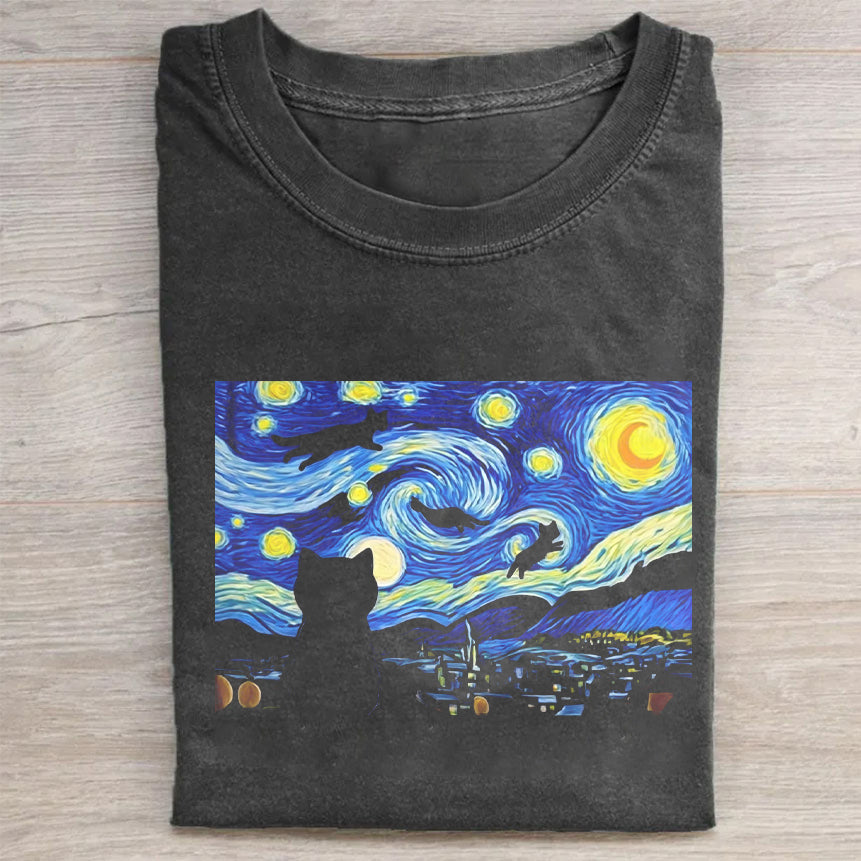 Short Sleeve Black T-Shirt with Starry Night Cat Print for Casual Wear