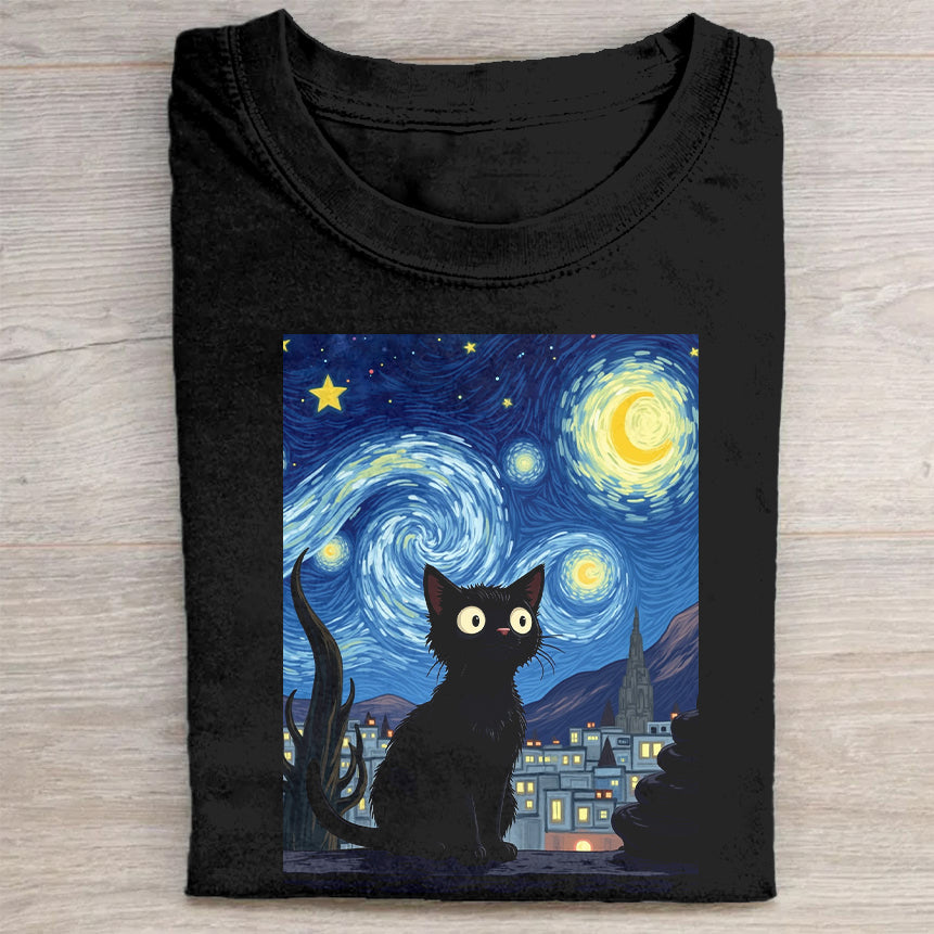 Black Cat Starry Night T-Shirt