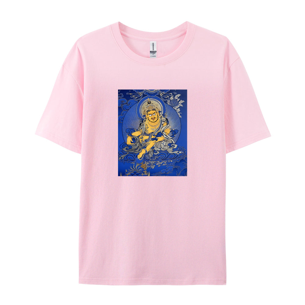 Buddhist Thangka Art T-Shirt Blue and Gold Buddha Design Spiritual Meditation Clothing Unique Graphic Tee for Men Women Comfortable Cotton Top Traditional Tibetan Style Apparel